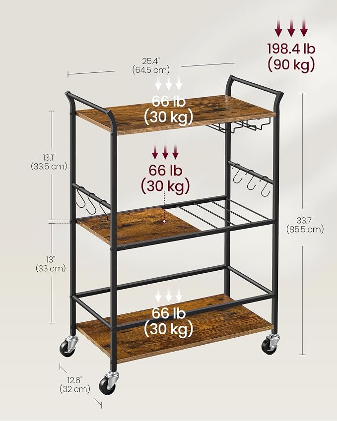 VASAGLE 3-Tier Bar Cart, Steel Serving Cart on Wheels with Wine Rack and Glass Holder, 25.4 x 12.6 x 33.7 Inches, Rustic Brown, for Kitchen and Living Room, Barnet Collection ULRC200K101