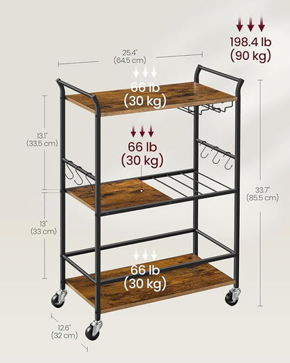 VASAGLE 3-Tier Bar Cart, Steel Serving Cart on Wheels with Wine Rack and Glass Holder, 25.4 x 12.6 x 33.7 Inches, Rustic Brown, for Kitchen and Living Room, Barnet Collection ULRC200K101