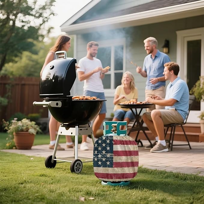 Retro American Flag Propane Tank Cover 20 lb Patriotic Weather Resistant Gas Cylinder Polyester Blue Red 4th of July Decoration Slip-On Standard Tank Cover