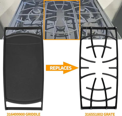 Upgraded 316499900 Stove Griddle Replacement for Frigidaire Gas Stove Top Parts 18.9 x 9.25" Gas Range Cast Iron Middle Burner Griddle Plate Frigidaire Gallery Gas Range Stovetop Cooktop Flat Top Pan