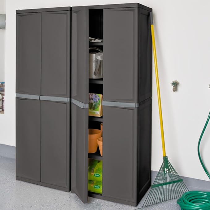 Sterilite 4 Shelf Cabinet, Lockable Utility Storage, Gray, 2-Pack | Adjustable Shelves - Plastic Shelving Unit for Organizing Garage, Pantry, Basement, Laundry Room or Mudroom