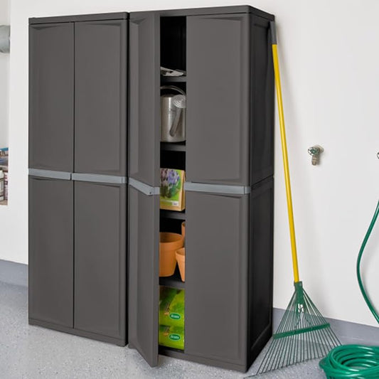 Sterilite 4 Shelf Cabinet, Lockable Utility Storage, Gray, 2-Pack | Adjustable Shelves - Plastic Shelving Unit for Organizing Garage, Pantry, Basement, Laundry Room or Mudroom