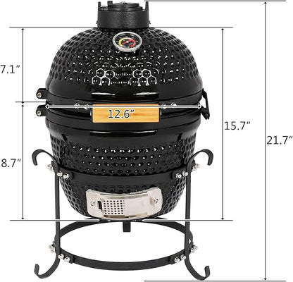 Kamado Egg Grill with Built-in Thermometer, Cast Iron Grates, Bamboo Handle, Portable Ceramic Grill for Backyard, Patio, Deck, Black