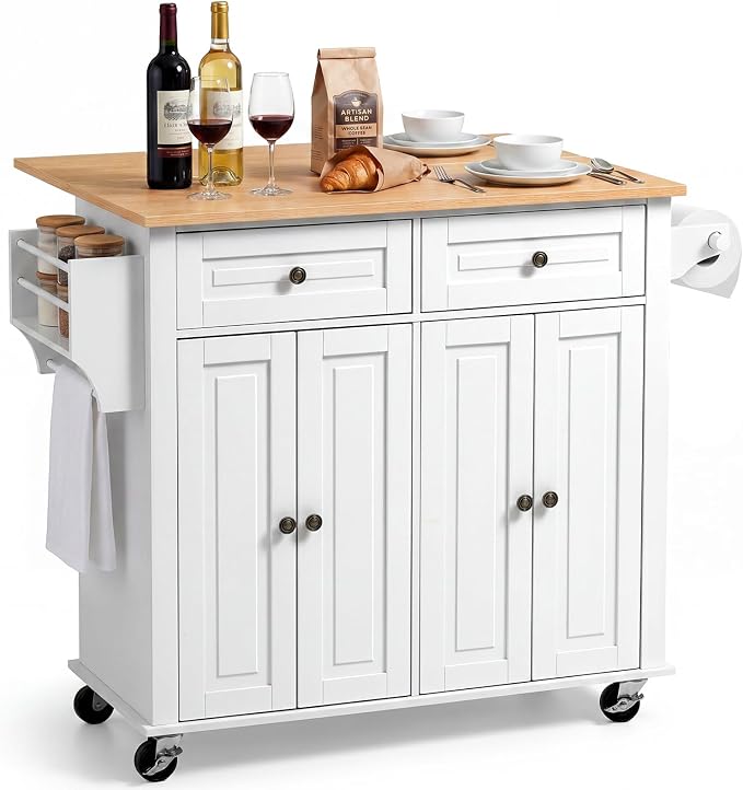 VEVOR Kitchen Island Cart with Storage, 43.58 in Wide Mobile Rolling Storage Island on Swivel Wheels, with 2 Drawers, Storage Cabinet, Drop Leaf, Spice/Towel Rack, Table for Home Dining Room, White