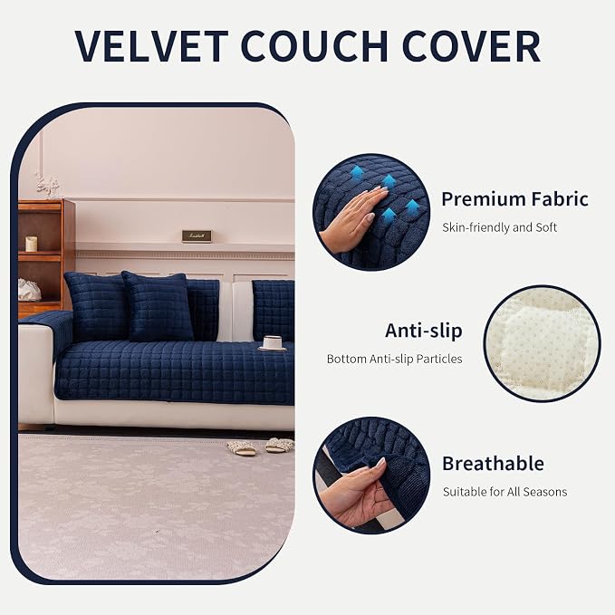 Velvet Couch Cover, Plush Sectional Sofa Cover Washable, Anti Slip Sofa Slipcover for 2-3 Cushion Sofas, Furniture Protector Covers for Pets & Kids(1PC,Navy Blue,36"×63")