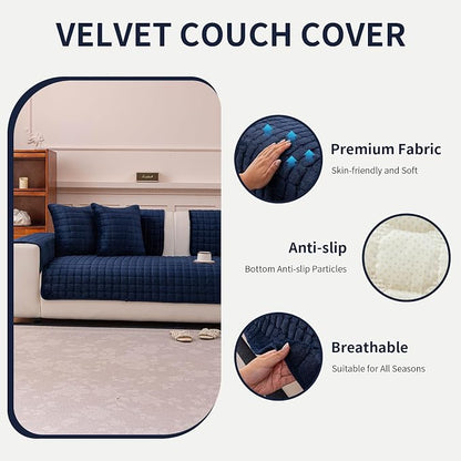 Velvet Couch Cover, Plush Sectional Sofa Cover Washable, Anti Slip Sofa Slipcover for 2-3 Cushion Sofas, Furniture Protector Covers for Pets & Kids(1PC,Navy Blue,36"×63")