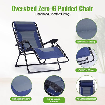 Backyard Expressions Deluxe XL Padded Recliner Zero Gravity Chair – Ergonomic Anti-Gravity Lounger with Folding Design, Side Tray, and Adjustable Headrest