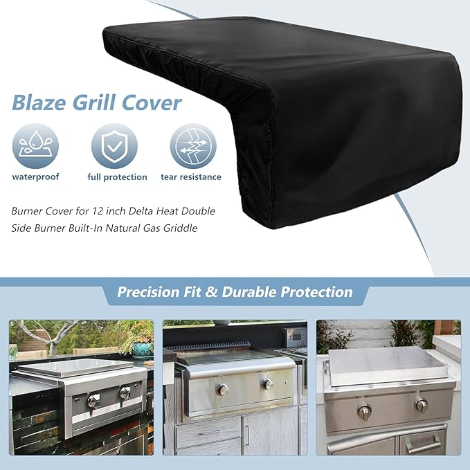 Burner Cover for 12 inch Delta Heat Double Side Burner Built-in Natural Gas Griddle,Heavy Duty 600D Waterproof Burner Cover with Plush Lining,Suitable 23''L x 12''W x 11''H,Black
