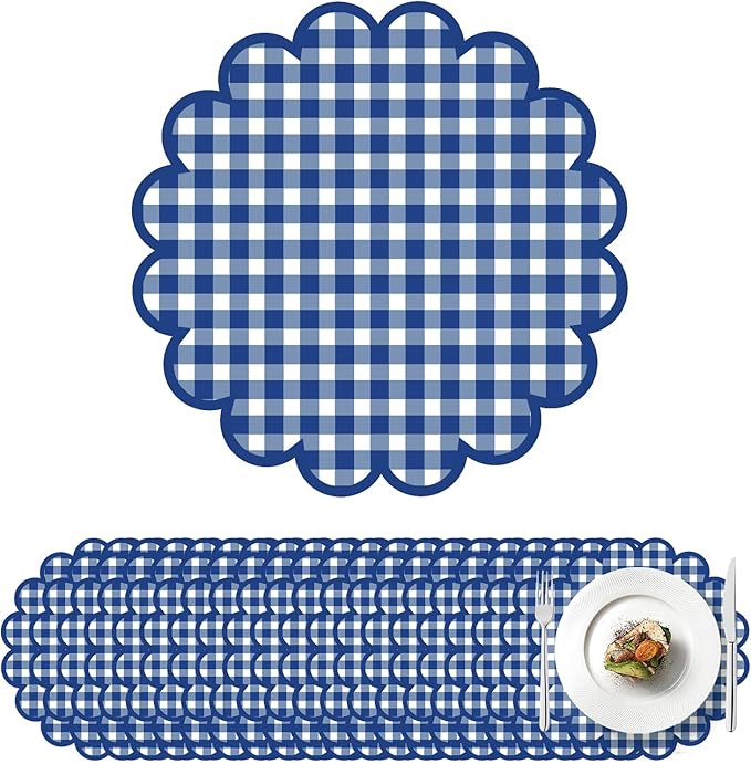 100Pcs Checkered Paper Placemats Dark Blue Gingham Place Mats 13.5 Inch Disposable Round Decorative Dining Table Mat with Scalloped Edge Paper Cutouts Decor for Summer Picnic BBQ Table Party Supplies
