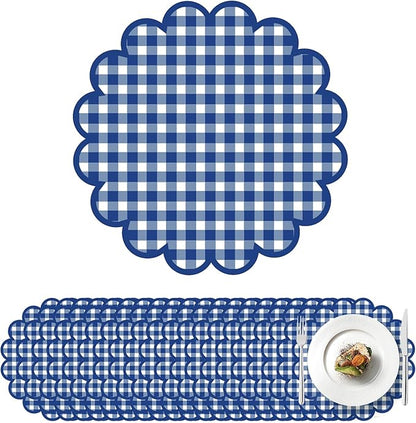 100Pcs Checkered Paper Placemats Dark Blue Gingham Place Mats 13.5 Inch Disposable Round Decorative Dining Table Mat with Scalloped Edge Paper Cutouts Decor for Summer Picnic BBQ Table Party Supplies