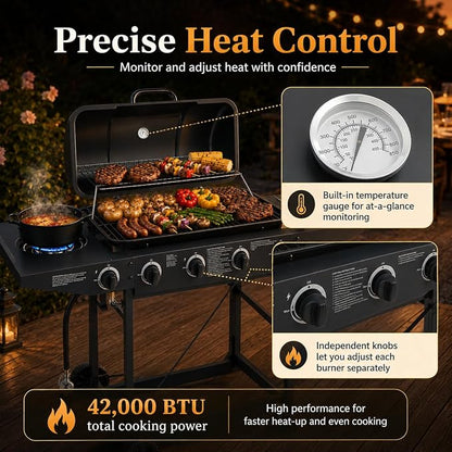 4-Burner Outdoor Propane Gas Grill with Side Burner, 42,000 BTU, Porcelain-Enameled Grates, 534 Sq. In. Cooking Area, Piezo Ignition and Wheels