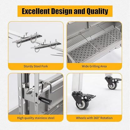 Rotisserie Grill with Back Cover Guard, 25W Motor 55 Inch Stainless Steel Small Pig Lamb Rotisserie Roaster, BBQ Charcoal Rotisserie Grill for Camping Party, Outdoor Kitchen (176 LBS/80KG)