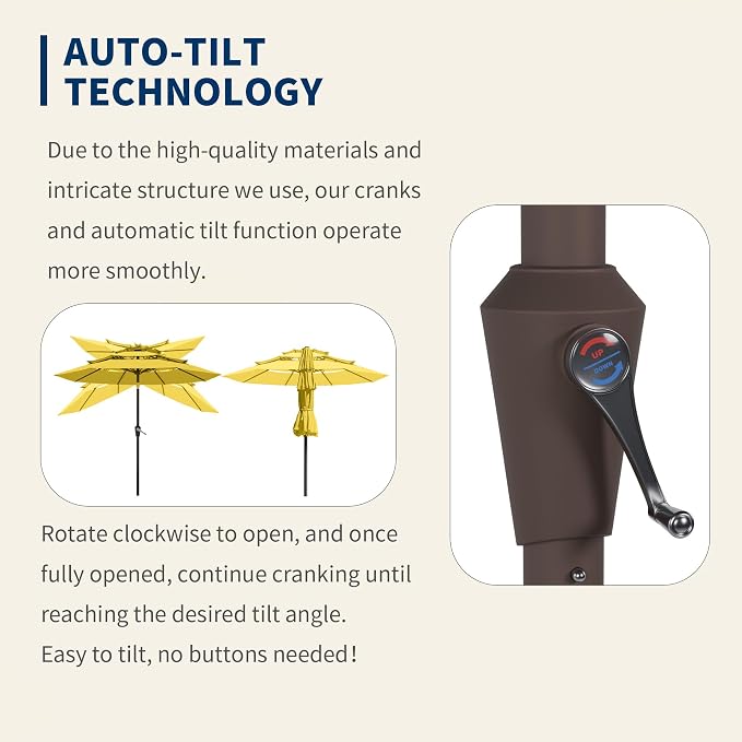 9FT 3 Tiers Patio Umbrella With Auto Tilt And Crank, Outdoor Table Market Umbrella with 8 Sturdy Ribs for Garden, Lawn, Deck, Backyard and Pool