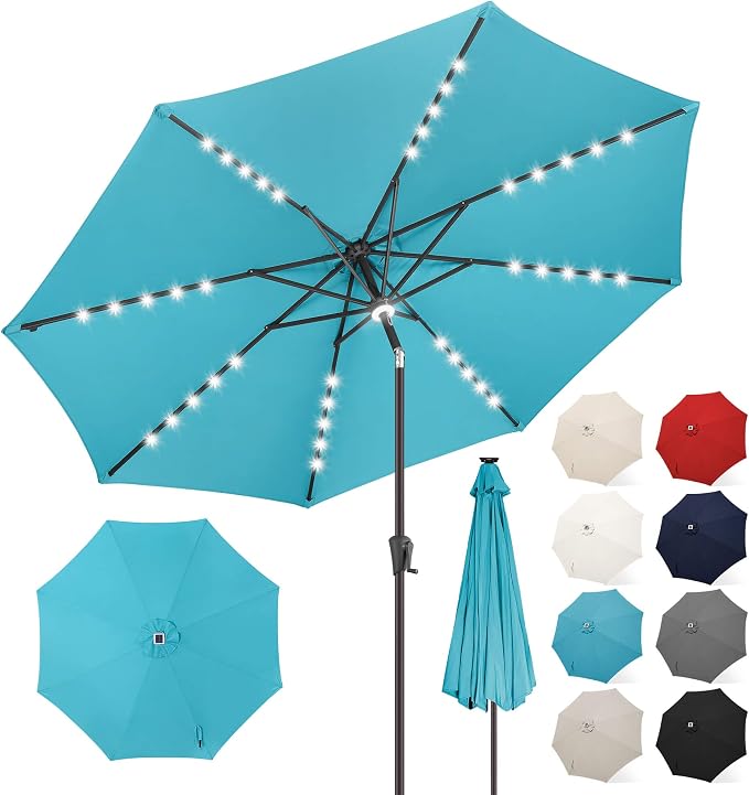FLAME&SHADE Solar Patio Umbrella with a Centre Light, 11 FT Aqua Blue | 40 LED Lights, UV Protection, Waterproof, Porch Deck Outdoor Umbrella for Pool, Backyard, Garden, Provides Evening Lighting