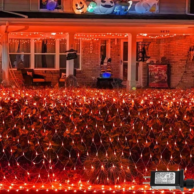 QITONG 360 LED Orange Christmas Net Light Outdoor, 12ft x 5ft Net Lights Outdoor Mesh Lights with 8 Modes, Clear Wire Thanksgiving Bush Light Plug in