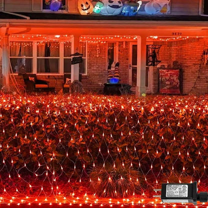 QITONG 360 LED Orange Christmas Net Light Outdoor, 12ft x 5ft Net Lights Outdoor Mesh Lights with 8 Modes, Clear Wire Thanksgiving Bush Light Plug in