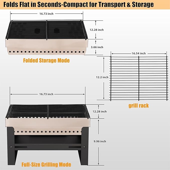 Portable Charcoal Grill, Small Tabletop BBQ, Foldable Mini Hibachi, Stainless Steel Camping Grill, Compact Outdoor Cooker for Picnic, Tailgating Chac Grl 002PBLK
