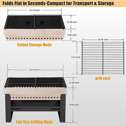 Portable Charcoal Grill, Small Tabletop BBQ, Foldable Mini Hibachi, Stainless Steel Camping Grill, Compact Outdoor Cooker for Picnic, Tailgating Chac Grl 002PBLK