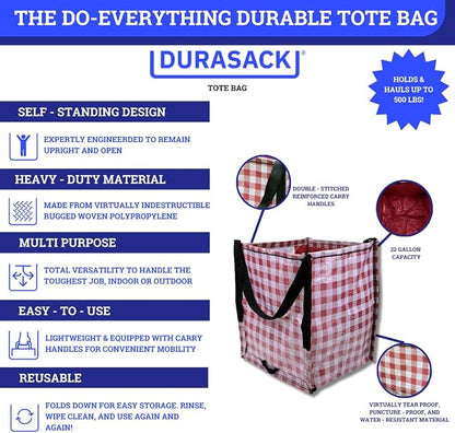 DURASACK Heavy Duty Storage Tote Bag 22-Gallon, Gingham Red, Pack of 4 | Rugged Woven Polypropylene Moving Bag, Reusable Self-Standing Design, Holds up to 500 Pounds