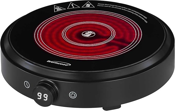 Brentwood Select 1500w 10-Inch Countertop Infrared Single Burner with Digital Touch Buttons, Knob, 9 Heat Settings, 99 Minute Timer, Black