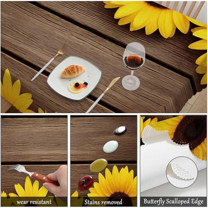 Swono Tablecloth 52"X70" Sunflowers, Garden Sunflowers Wooden Board Rectangle Table Cover Anti-Oil Tablecloth for Dining Tables, Parties, Wedding and Banquet Decoration