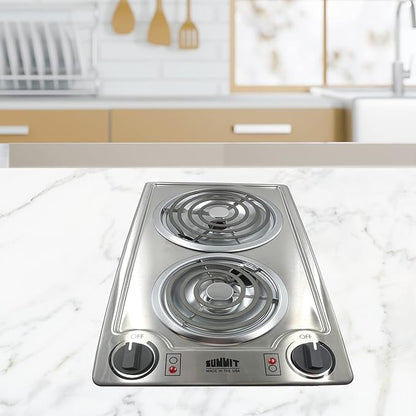 Summit 12" 2 Burner Electric Cooktop 230V Radiant Cooktop, Coil Elements, Made in the USA, Stainless Steel- CCE227SS