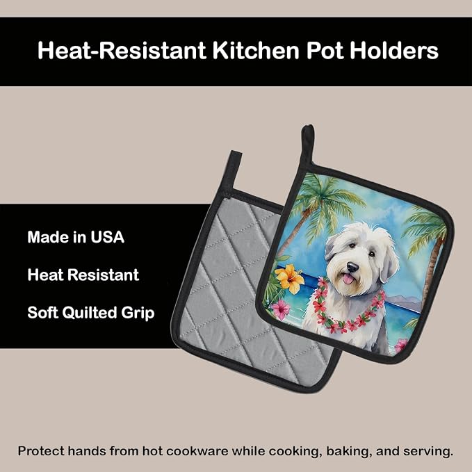 Caroline's Treasures Old English Sheepdog Luau Pair of Pot Holders Kitchen Heat Resistant Pot Holders Sets Oven Hot Pads for Cooking Baking BBQ, 7 1/2 x 7 1/2