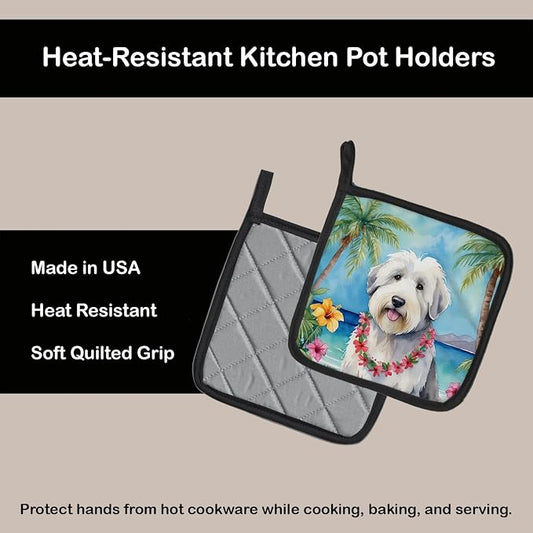 Caroline's Treasures Old English Sheepdog Luau Pair of Pot Holders Kitchen Heat Resistant Pot Holders Sets Oven Hot Pads for Cooking Baking BBQ, 7 1/2 x 7 1/2
