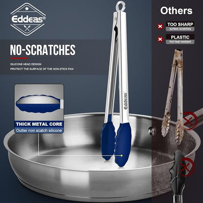 Tongs For Cooking - Silicone Metal Kitchen Tong 7" 9" & 12" Blue | 600°F Heat Resistant Silicone Tong, All Metal handle Locking Tongs with Silicone Tips, Heavy Duty Stainless steel