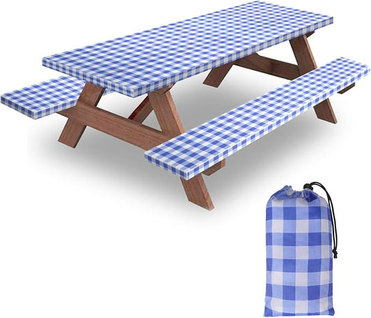 7ft 84in Picnic Table and Bench Cover, 3 Pack, Blue-White Checkered | Drawstring Bag, Waterproof Windproof, Elastic Fitted Edges Tablecloth, for Rectangle Table & Seat, Camping Essentials RV Gear