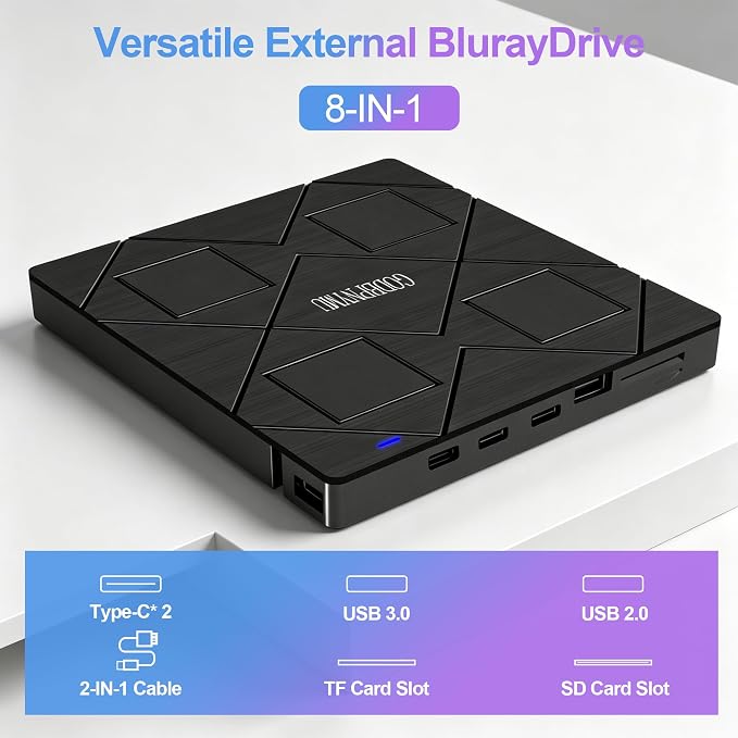 8-in-1 External Blu-ray Drive, USB-C Hub & Card Reader for Laptop | Win11/10/8/7/Mac OS.compatible · 2 USB + USB-C ports,TF/SD Card Reader, · 1+4 storage bags included