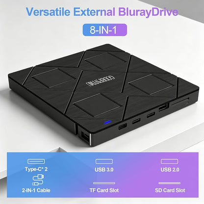 8-in-1 External Blu-ray Drive, USB-C Hub & Card Reader for Laptop | Win11/10/8/7/Mac OS.compatible · 2 USB + USB-C ports,TF/SD Card Reader, · 1+4 storage bags included