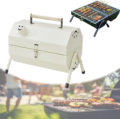 Portable Charcoal Grill, with Double-Sided Grate, Tabletop Outdoor Barbecue Smoker, Small BBQ Grill for Outdoor Cooking Backyard Camping Picnics Beach(White)