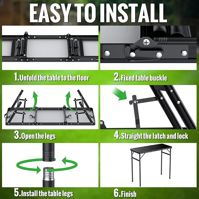 GARLLEN Folding Camping Table Max Capacity 66lbs, 3-Height Max 29.41" | Lightweight Folding Picnic Table, Aluminum Portable Outdoor Table for Grill, Camping, Threaded Install, 35.4" L x 15.7" W