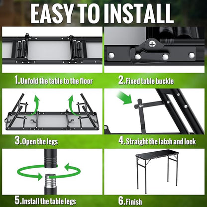 GARLLEN Folding Camping Table Max Capacity 66lbs, 3-Height Max 29.41" | Lightweight Folding Picnic Table, Aluminum Portable Outdoor Table for Grill, Camping, Threaded Install, 35.4" L x 15.7" W