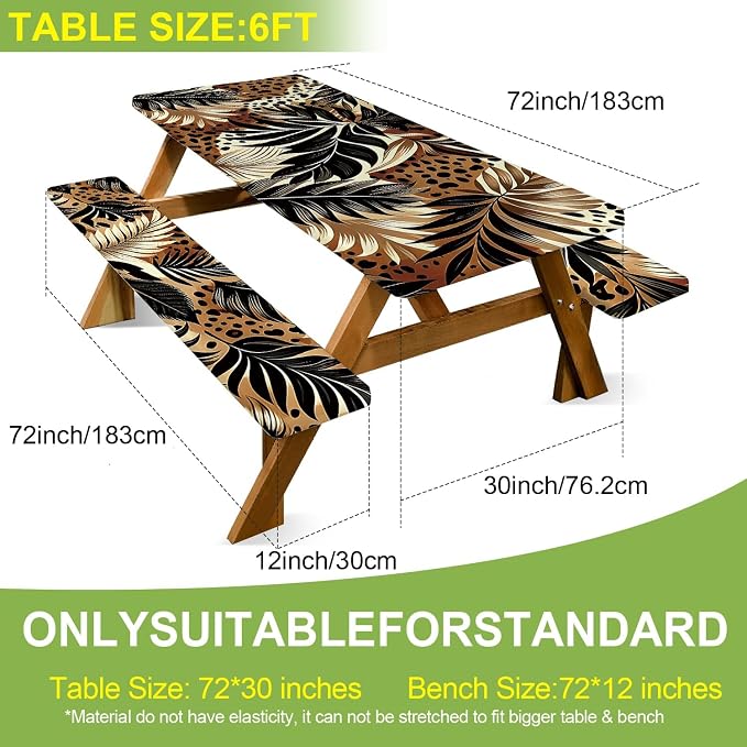 FOREVER QUEEN Picnic Table Cover with Bench Covers 72in,Waterproof Windproof Fitted Tablecloth,Leopard Print with Tropical Leaves Camping Essentials with Drawstring Bag for Patio,Park & Backyard