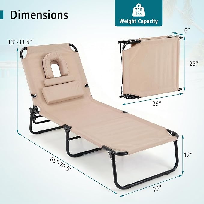 GYMAX Tanning Chair, Folding Lounge Chairs with Face Hole & Cover, Removable Pillow Carry Handle, Portable Compact Outdoor Layout Recliner for Beach, Poolside, Lawn, Patio, Camping (Sand,2)