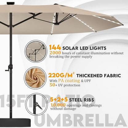 GDPFN 15ft Large Patio Umbrella with Solar Lights, Outdoor Double-Side Rectangular Umbrella with Base Included, Backyard Pool Umbrella with LED Light for Deck, Outside, Market, Beige