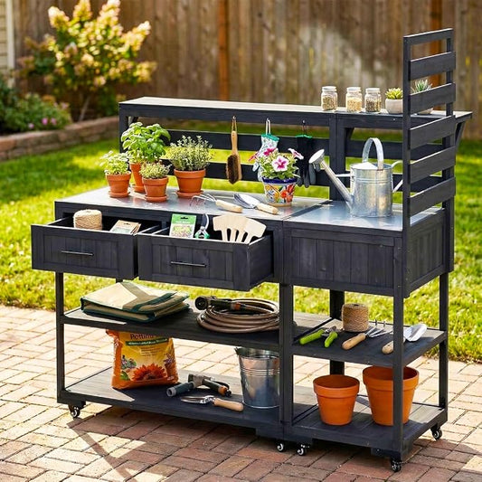 62.3'' Outdoor Kitchen Island with Stainless Steel Top and Raised Shelf, Potting Bench with Drawers and Wheels, Grill Prep Table for BBQ, Patio, Party (Black)