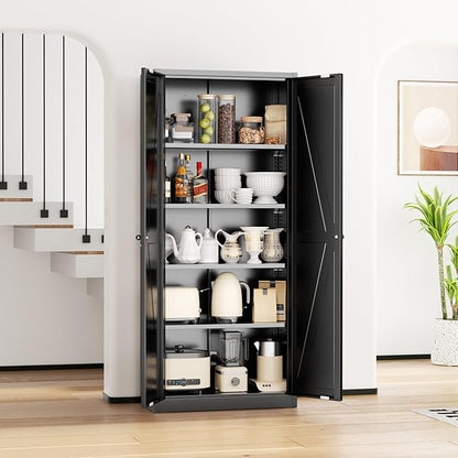 INTERGRAET 63" H Pantry Cabinet, Metal Kitchen Pantry Cabinets with 2 Doors and 4 Shelves, Farmhouse Food Storage Cabinets, Large Pantry Cabinets for Home,Kitchen,Living Room/Dining