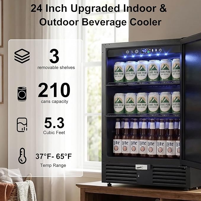 24 Inch Beverage Refrigerator–210 Can Large Capacity Beverage Fridge with French Door, Built-in or Freestanding Under Counter Outdoor Beverage Cooler with Reversible Door, Black