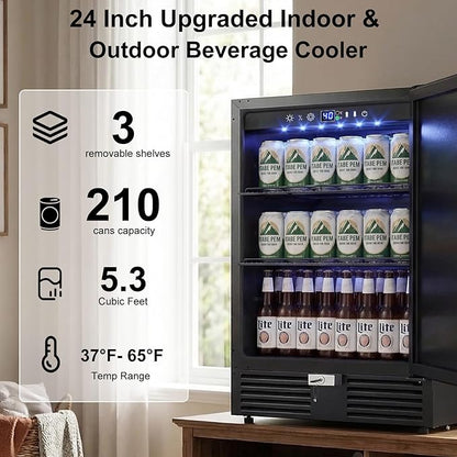 24 Inch Beverage Refrigerator–210 Can Large Capacity Beverage Fridge with French Door, Built-in or Freestanding Under Counter Outdoor Beverage Cooler with Reversible Door, Black