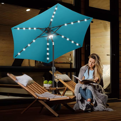 FLAME&SHADE Solar Patio Umbrella with Centre Light, 7.5 FT Aqua Blue | UV Protection, Small Solar Outdoor Umbrella for Porch, Deck, Backyard, Garden, Provides Evening Lighting, 24 LED Lights