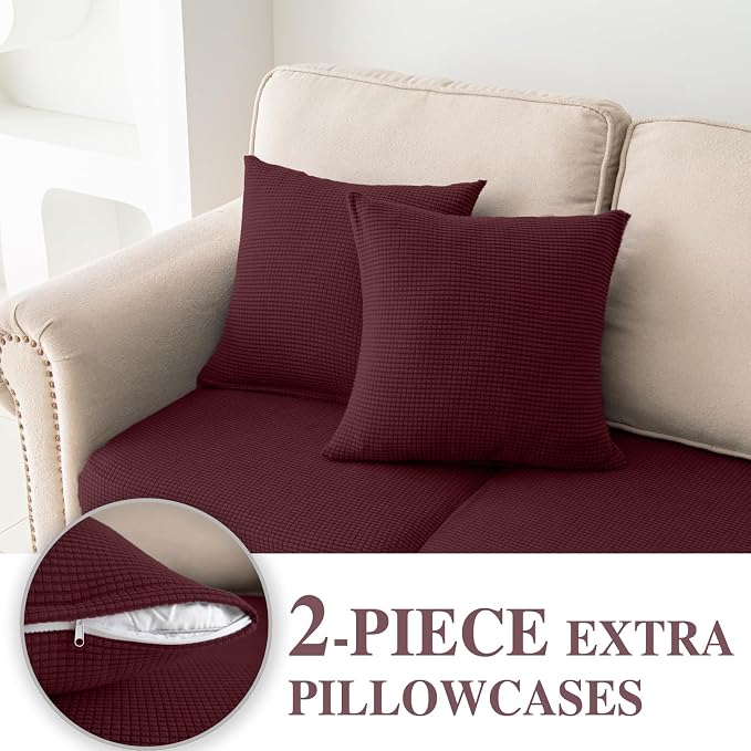 LA MEACK Couch Cushion Covers for Sectional Sofa L Shape Washable Separate Seat Chaise Couch Cover Stretch Sofa Slipcovers with 2 Pcs Pillowcases(2 Seater + 1 Chaise, Burgundy)