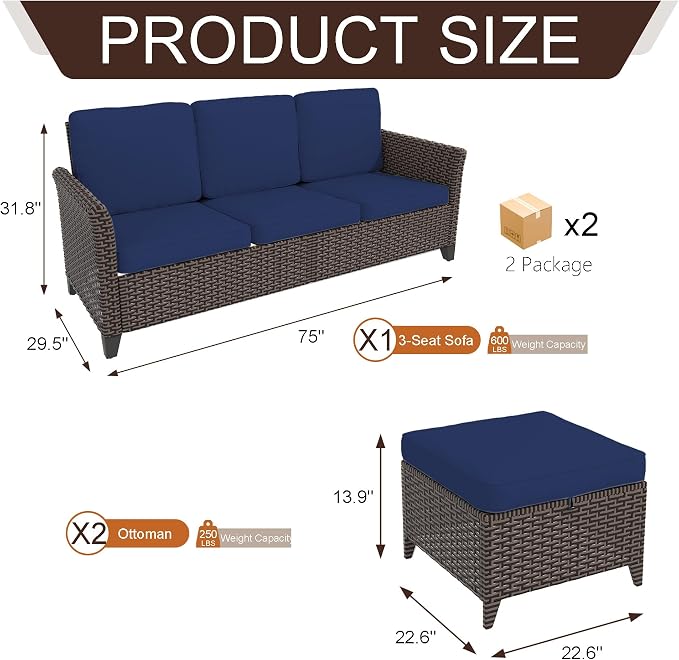 3 Pieces Patio Furniture Set, Outdoor PE Wicker High Back Couch & 2 Rattan Ottomans, All Weather Patio Set with Waterproof Cushion for Porch, Backyard and Deck
