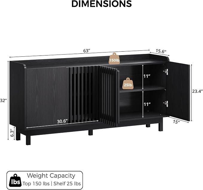 IRONCK Storage Cabinet with Grille Doors, Black | 2 Adjustable Shelves