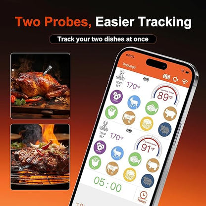 Smart Wireless Meat Thermometer with Dual Probes & APP Alerts, Bluetooth Grill Thermometer with 800ft, Digital Base, ±0.5℉Accuracy, LCD Backlit Screen for BBQ, Oven, Smoker, Kitchen Cooking