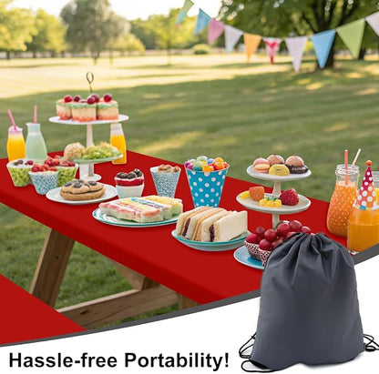 Smiry Picnic Table Cover with Bench Covers, Waterproof Elastic Fitted Polyester Tablecloths for 6 Ft Rectangle Tables, Washable Windproof Tablecloth for Camping, RV & Outdoor (Red, 30x72 Inches)