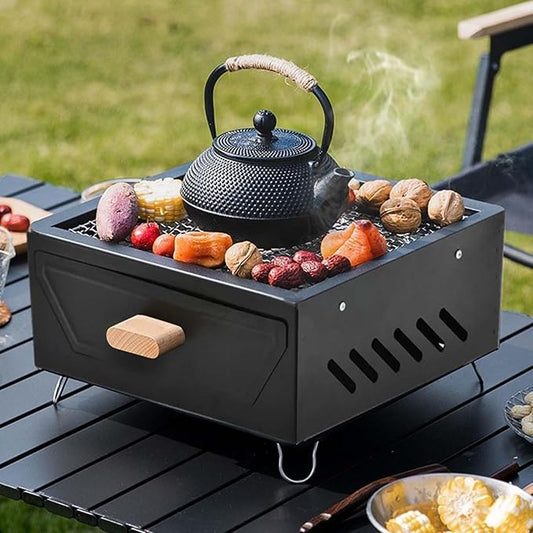 Desktop Charcoal Grill for Picnic, Portable Charcoal BBQ Grill Stove – Iron Hibachi Barbecue Grills, Tea Making Stove Set Tabletop Small Barbecue Grill for Outdoor (Black)