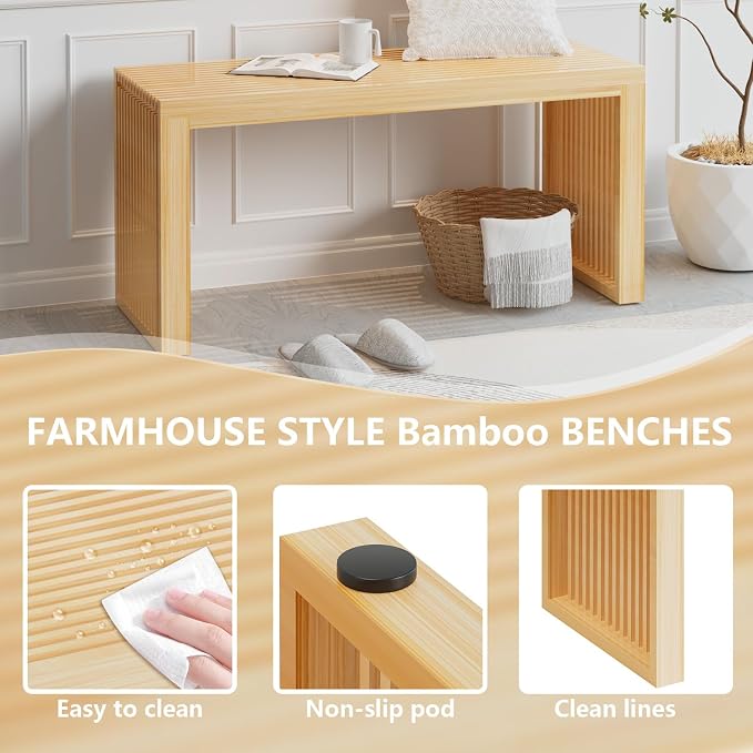 APRTAT Bamboo Dining Bench 35-Inch Indoor Wood Shoe Rack Bench for Entryway | Easy Assemble, Sturdy & Durable,Slatted Design,Versatile Everyday Seating,Living Room Hallway Bedroom Bathroom